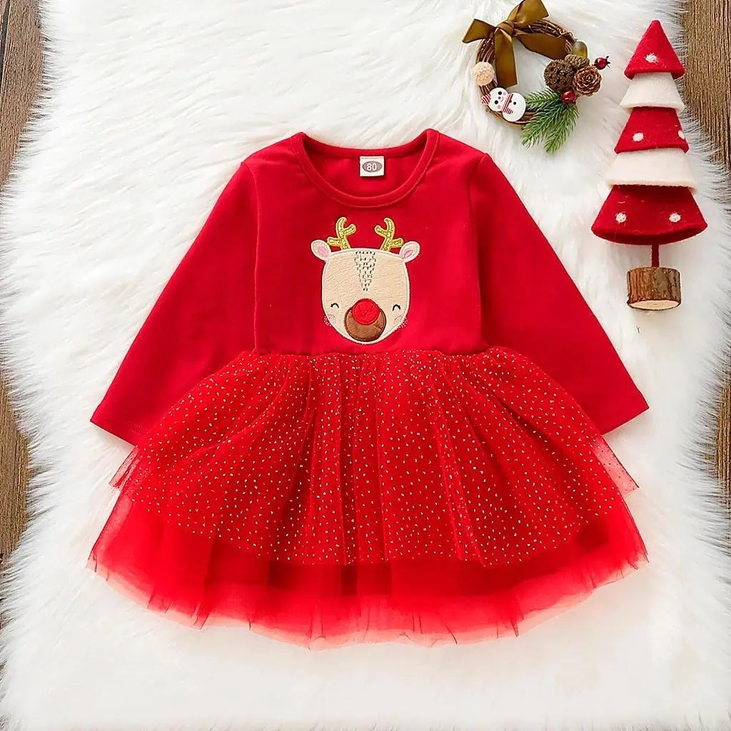 Christmas Reindeer Dress with Mesh Skirt