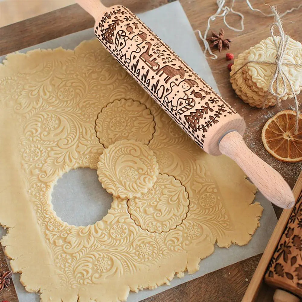 Christmas Laser Engraved Beech Rolling Pin Tool
