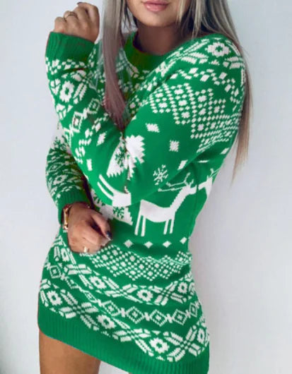Christmas Theme Knitted Long-sleeve Dress for Women
