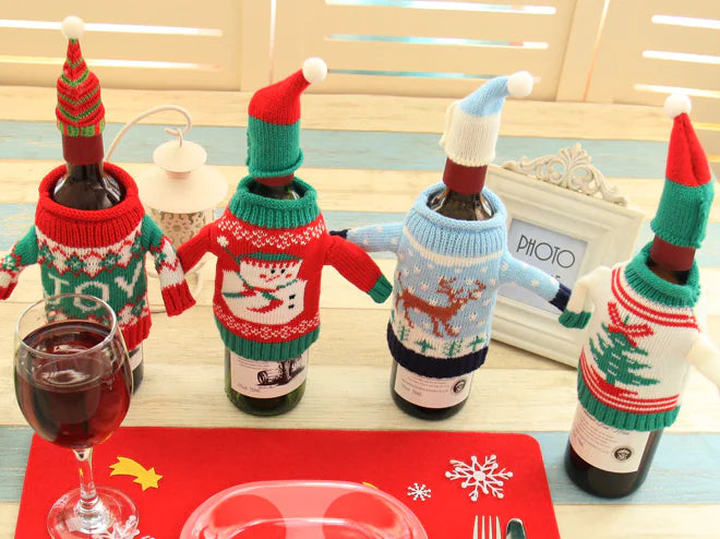 Knit Christmas Wine Set with Bottle Cover Decor