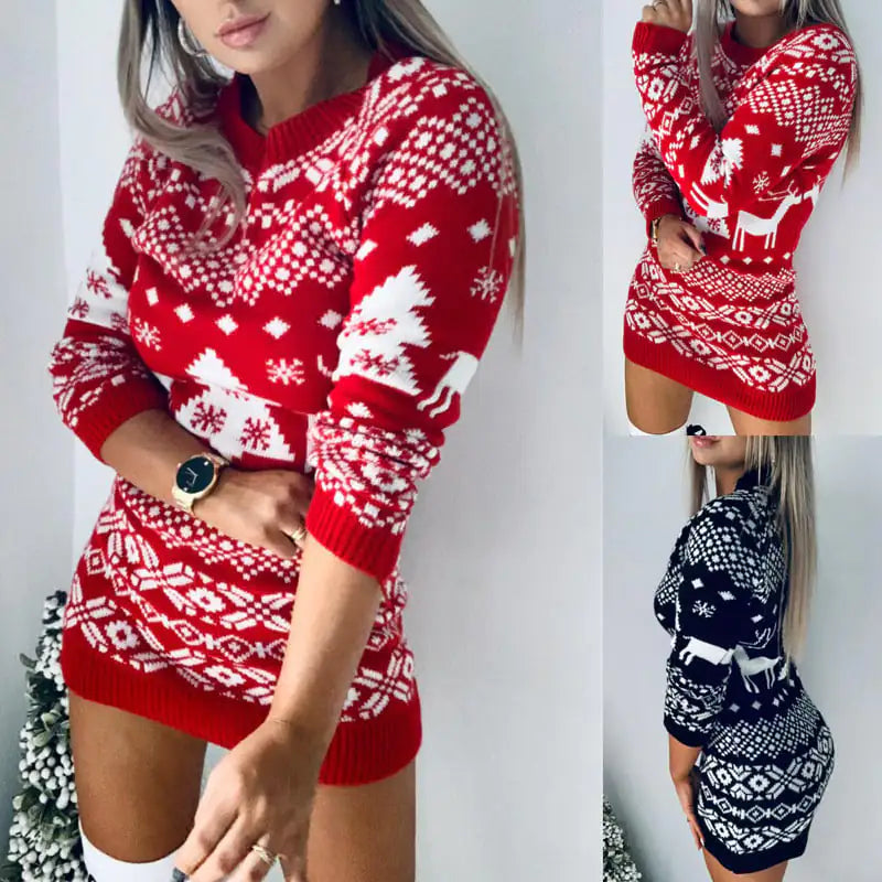 Christmas Theme Knitted Long-sleeve Dress for Women