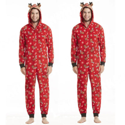 Fashionable Hooded Christmas Print Jumpsuit