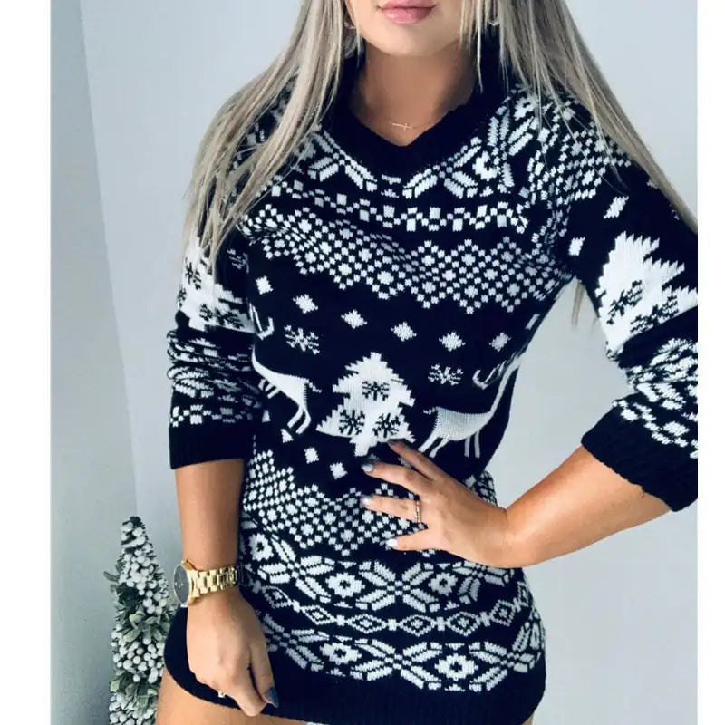 Christmas Theme Knitted Long-sleeve Dress for Women