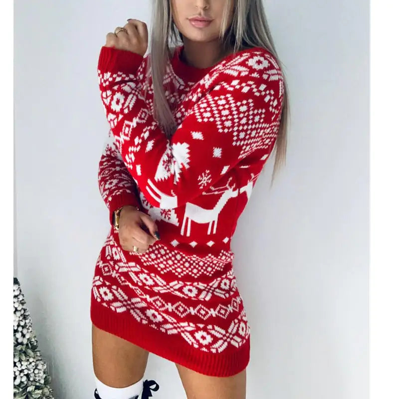 Christmas Theme Knitted Long-sleeve Dress for Women