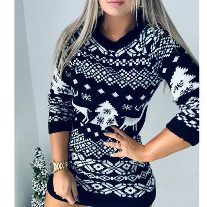 Christmas Theme Knitted Long-sleeve Dress for Women